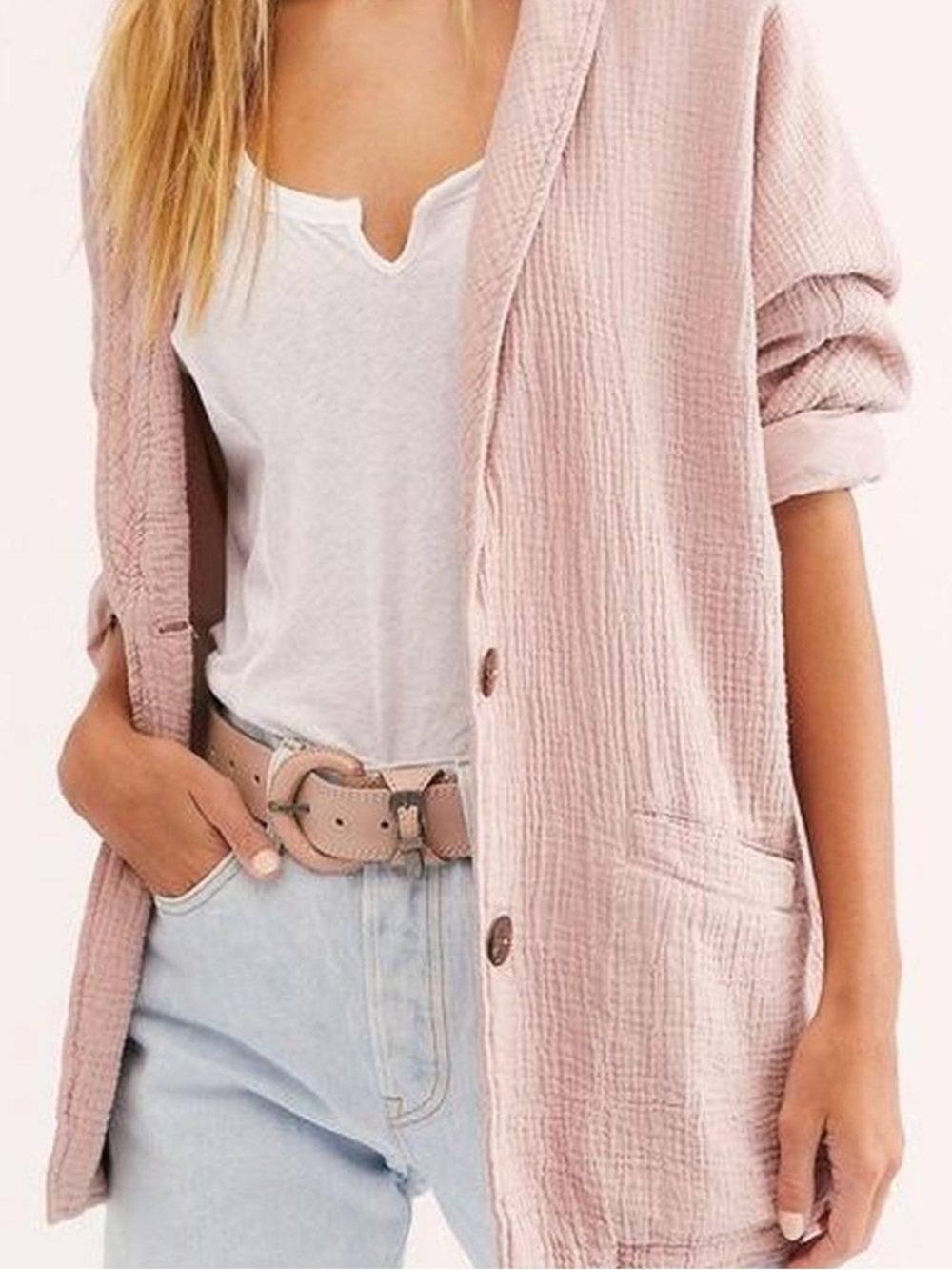 Free People Oversized Blush Pink Textured Cotton Blazer